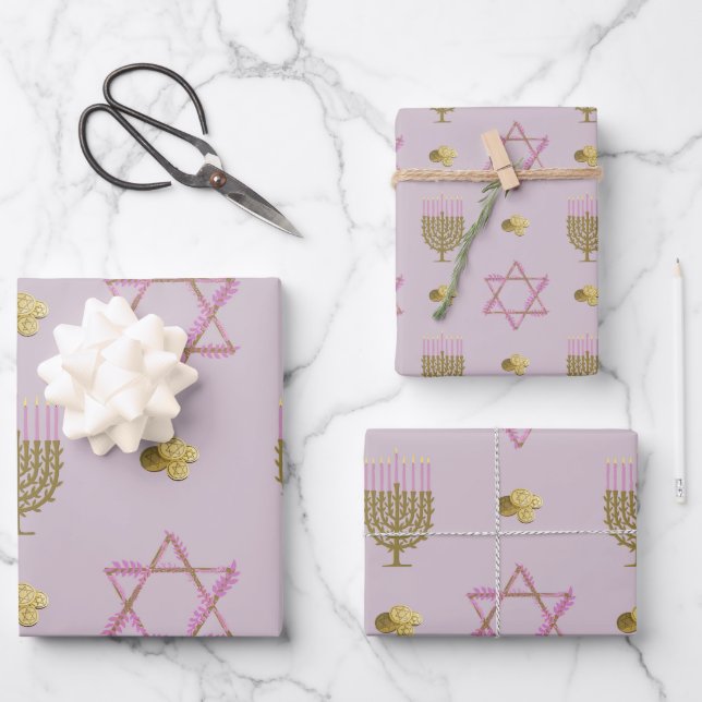 Soft Pink Hanukkah Wrapping Paper with Star & Drei (Front)