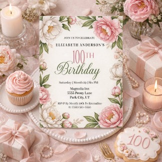 Soft Pink Magnolia and Peony 100th Birthday  Invitation