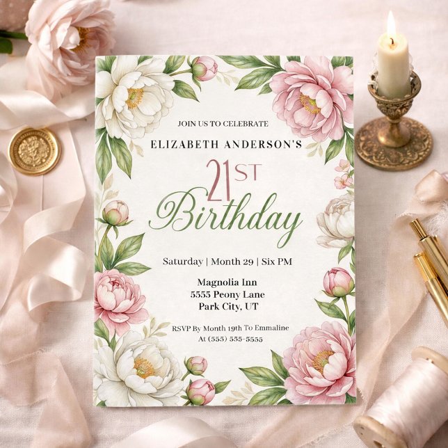Soft Pink Magnolia and Peony 21st Birthday  Invitation (Creator Uploaded)