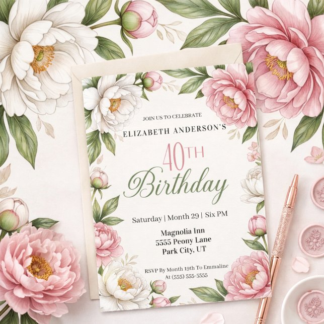 Soft Pink Magnolia and Peony 40th Birthday  Invitation (Creator Uploaded)