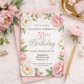 Soft Pink Magnolia and Peony 50th Birthday  Invitation