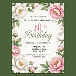 Soft Pink Magnolia and Peony 60th Birthday  Invitation<br><div class="desc">Celebrate a beautiful milestone with this elegant floral 60th birthday invitation featuring a timeless garden-inspired design. Delicate watercolor peonies and soft magnolia blossoms frame the layout with graceful greenery, creating a refined and feminine look that is perfect for a sophisticated birthday celebration. The soft pink and ivory floral palette paired...</div>