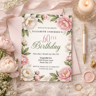 Soft Pink Magnolia and Peony 60th Birthday  Invitation