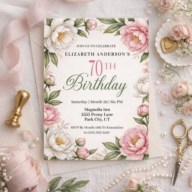Soft Pink Magnolia and Peony 70th Birthday  Invitation (Creator Uploaded)