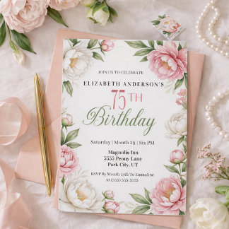 Soft Pink Magnolia and Peony 75th Birthday  Invitation