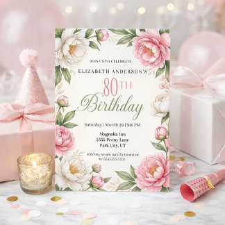 Soft Pink Magnolia and Peony 80th Birthday  Invitation