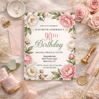 Soft Pink Magnolia and Peony 90th Birthday  Invitation