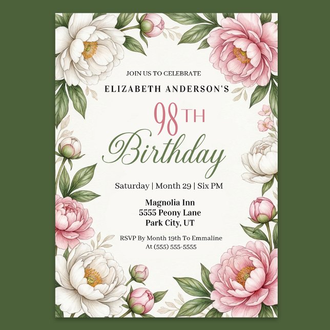 Soft Pink Magnolia and Peony 98th Birthday  Invitation (Elegant pink peony and white magnolia floral 98th birthday party invitation with botanical greenery )