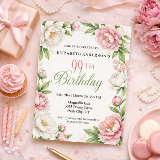 Soft Pink Magnolia and Peony 99th Birthday  Invitation