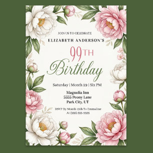 Soft Pink Magnolia and Peony 99th Birthday  Invitation