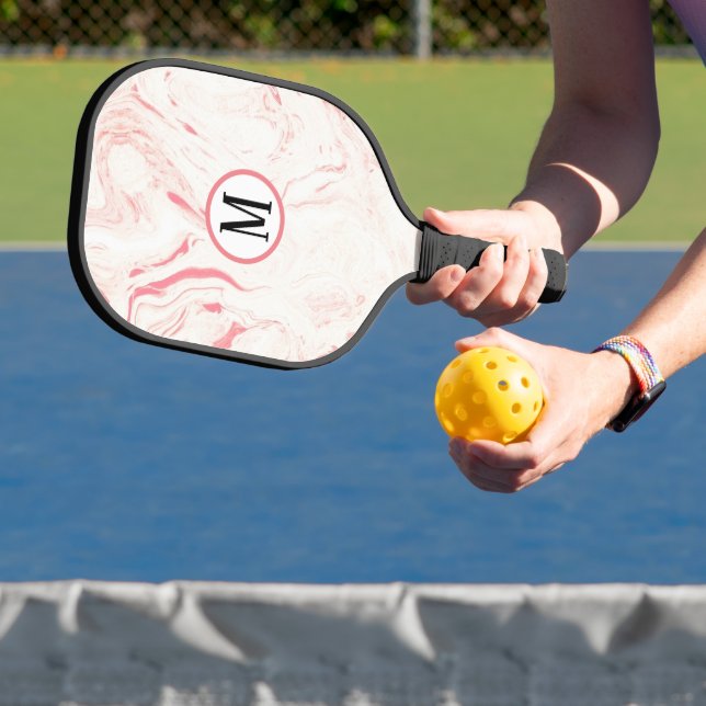 Soft pink marble monogrammed pickleball paddle (Insitu)