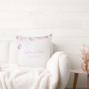 Soft Pink Modern Boho Floral and Leaves Wedding Throw Pillow