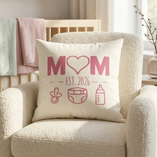 Soft Pink New Mom Est Year Baby Icons Design Throw Pillow