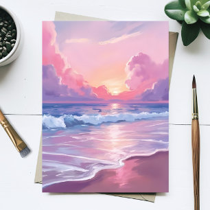 Soft Pink Ocean Waves Pastel Sunset Watercolor Postcard