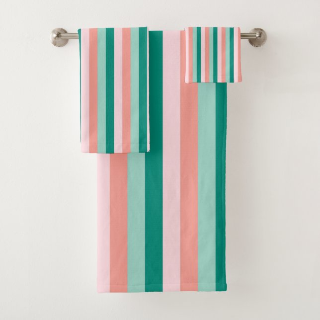 Soft Pink Peach Amber Yucca and Arbor Green Pinstr Bath Towel Set (Insitu)