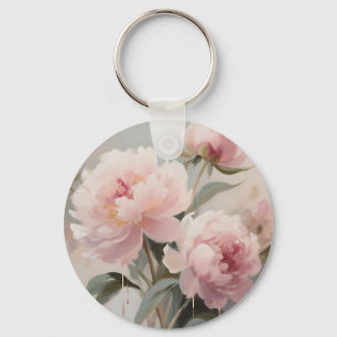 Soft Pink Peonies Floral Art Keychain
