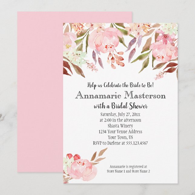 Soft Pink Peonies Wildflowers Leaves Bridal Shower Invitation (Front/Back)