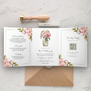 Soft Pink Peony Flowers Mason Jar QR Code Wedding Tri-Fold Invitation