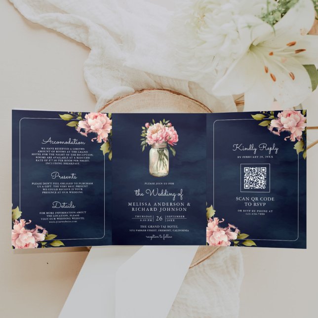 Soft Pink Peony Mason Jar QR Code Navy Wedding  Tri-Fold Invitation (Creator Uploaded)