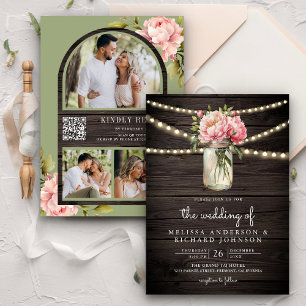 Soft Pink Peony Mason Jar QR Code Wood Wedding Invitation
