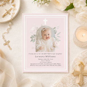 Soft pink photo florals girl Baptism invitation