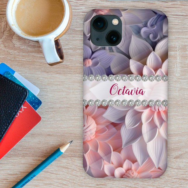 Soft pink & purple 3D flowers, diamond frame Case-Mate iPhone Case (Creator Uploaded)