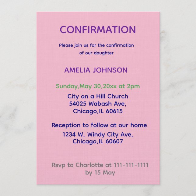 Soft Pink & Purple Confirmation Invitation (Devant)