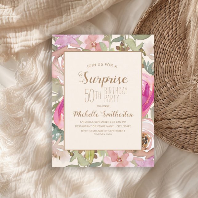 Soft Pink Purple Floral Surprise 50th Birthday Invitation (Pink floral and sage green leaves surprise 50th birthday party invitation)