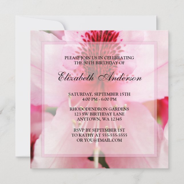 Soft Pink Rhododendron Flowers 90th Birthday Party Invitation (Front)