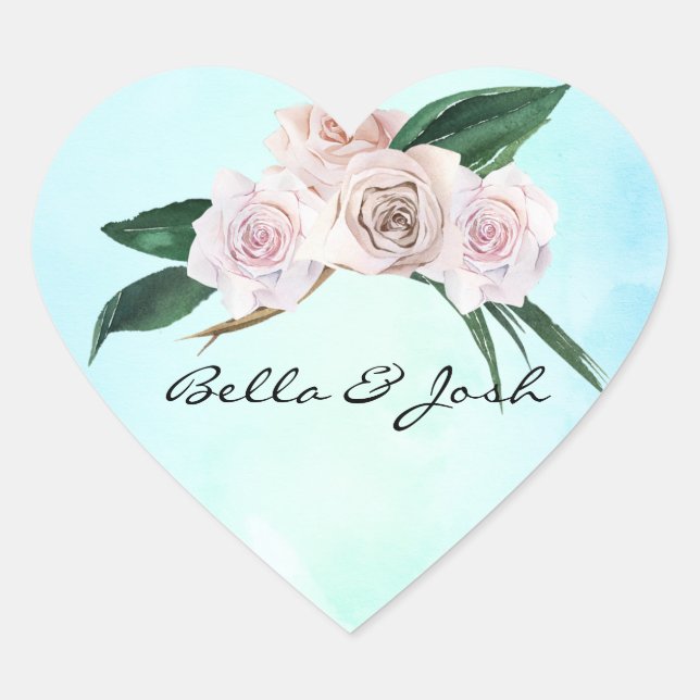 Soft Pink Rose Blossoms Wedding Heart Sticker (Front)