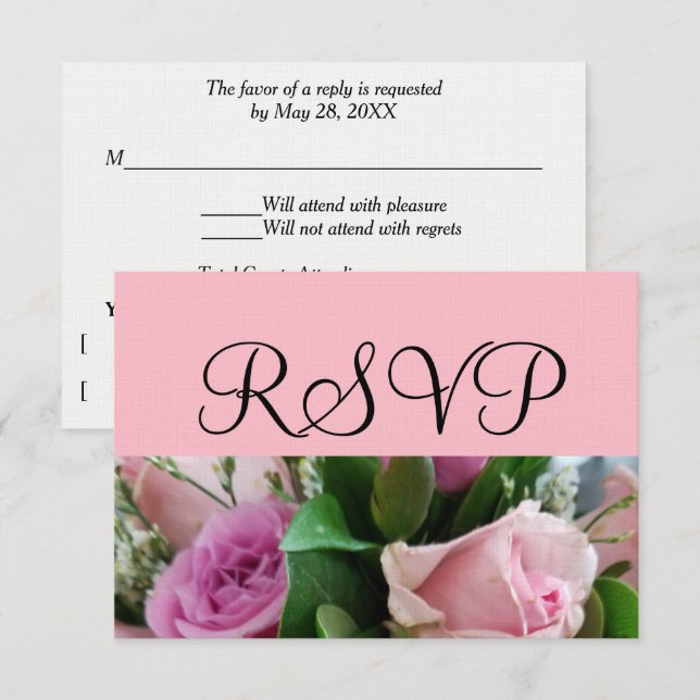 Soft Pink Rose Bouquet Silver Wedding RSVP (Front/Back)