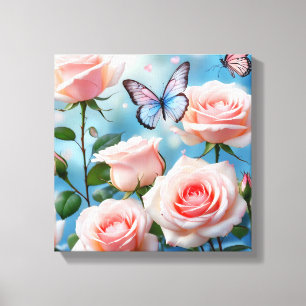 Soft Pink Rose Flower Blue Butterfly Canvas Print