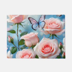 Soft Pink Rose Flower Blue Butterfly Doormat