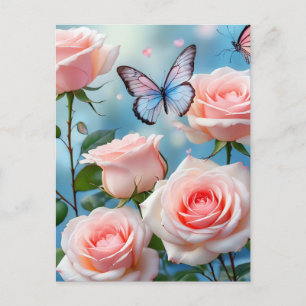 Soft Pink Rose Flower Blue Butterfly Postcard