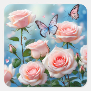 Soft Pink Rose Flower Blue Butterfly Square Sticker