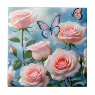 Soft Pink Rose Flower Blue Butterfly Tile
