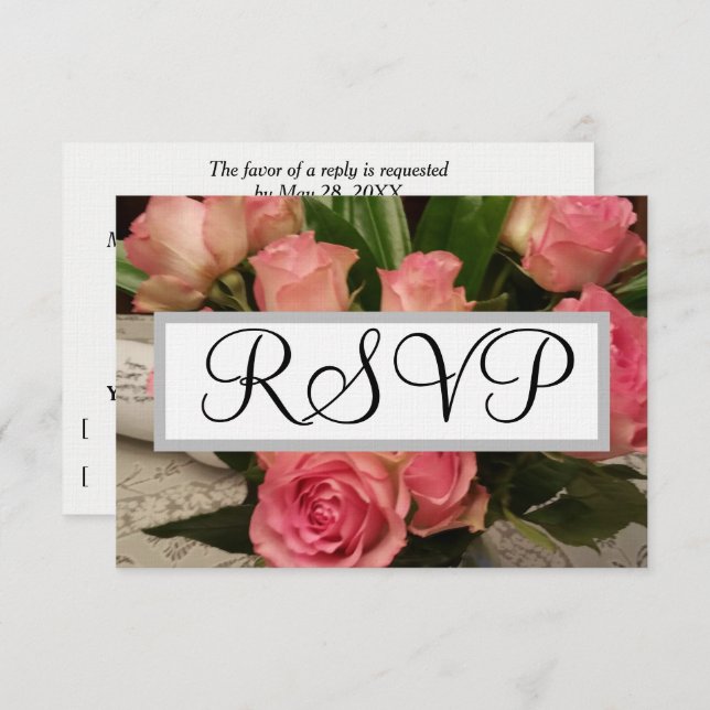 Soft Pink Rose Flowers Silver Wedding RSVP (Front/Back)