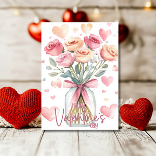 Soft pink rose jar with bow Happy Valentines Day Holiday Card