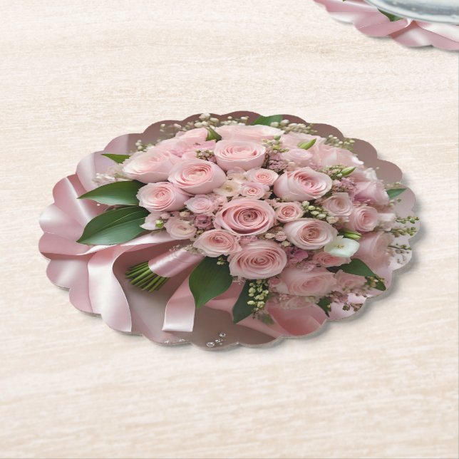 Soft Pink Rose Wedding Bouquet, Paper Coaster (Angled)