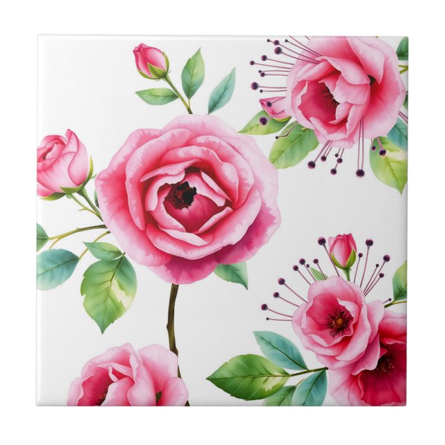 Soft Pink Roses and Eucalyptus Flowers Tile (Front)