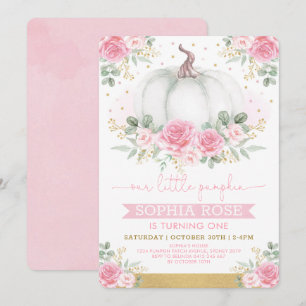 Soft Pink Roses and Pumpkin 1st Birthday Invitation