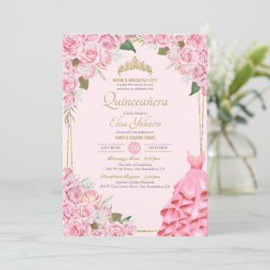 Soft Pink Roses Blush and Gold Floral Quinceañera Invitation