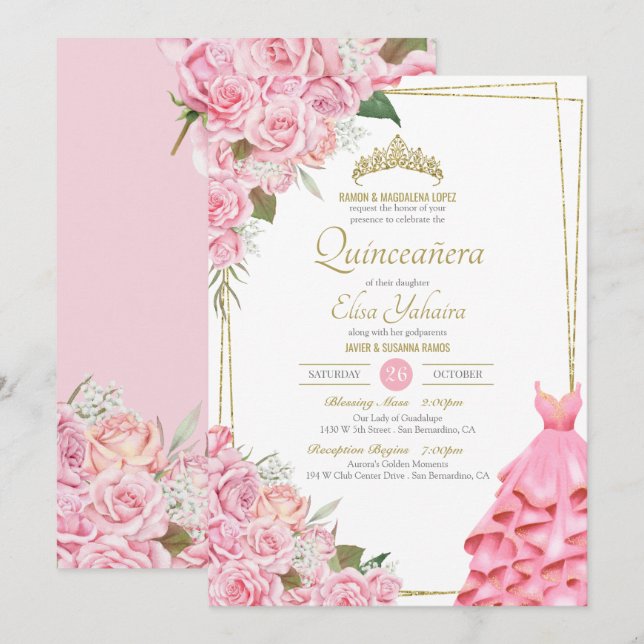 Soft Pink Roses Blush and Gold Floral Quinceanera  Invitation (Front/Back)