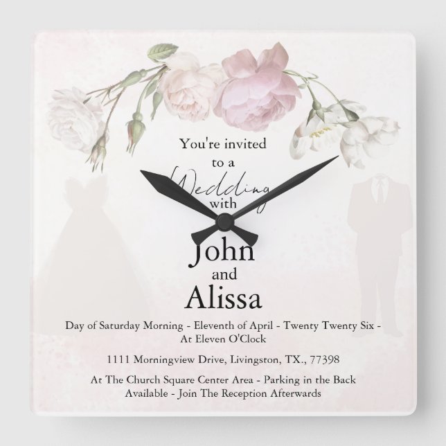 Soft Pink Roses & Bride and Groom Collection Square Wall Clock (Front)