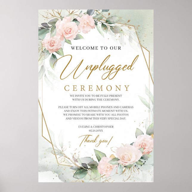 Soft pink roses eucalyptus gold unplugged ceremony poster (Front)