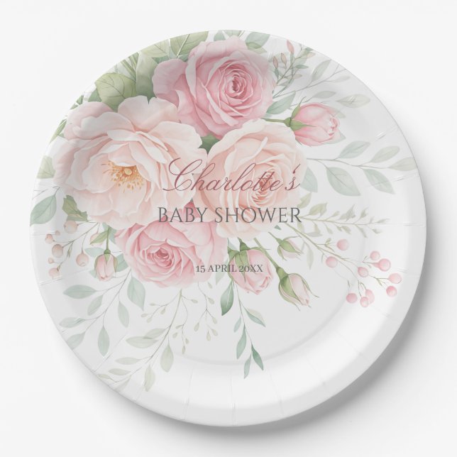 soft pink roses floral paper plates (Front)