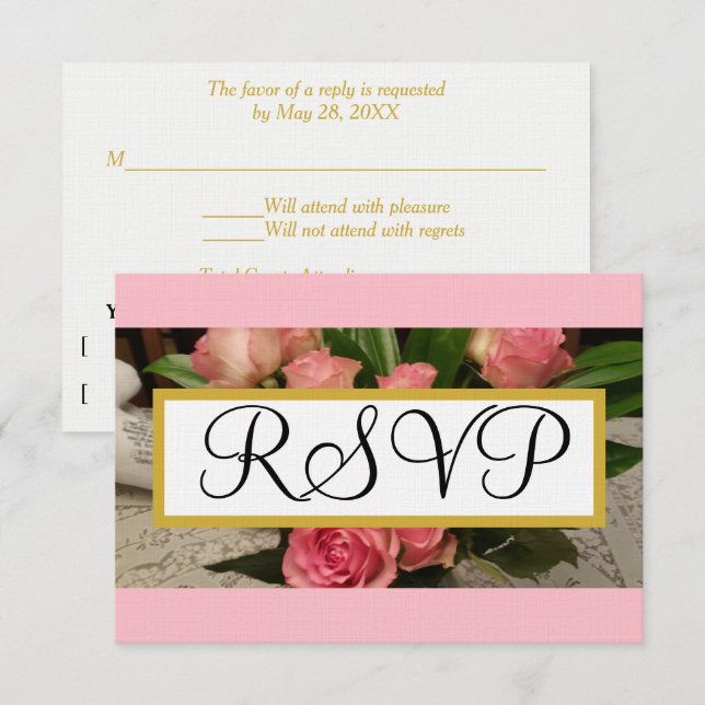 Soft Pink Roses Silver Wedding RSVP Gold (Front/Back)