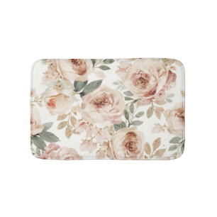 Soft Pink Roses Watercolor Floral Print Botanical Bath Mat