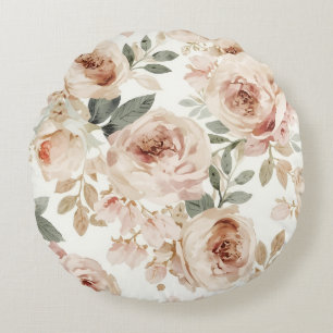 Soft Pink Roses Watercolor Floral Print Botanical Round Pillow