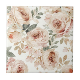 Soft Pink Roses Watercolor Floral Print Botanical Tile